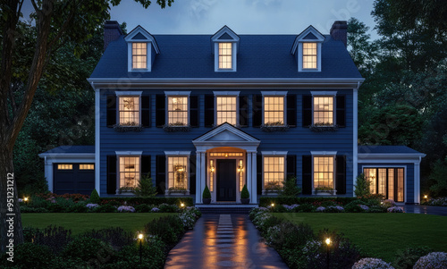 3D rendering of a classic colonial house with a blue color, white trim, and shutters at night with a lit-up path in front