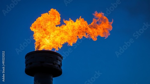 A gas flame burns brightly against a clear blue sky at an industrial oil and natural gas production plant