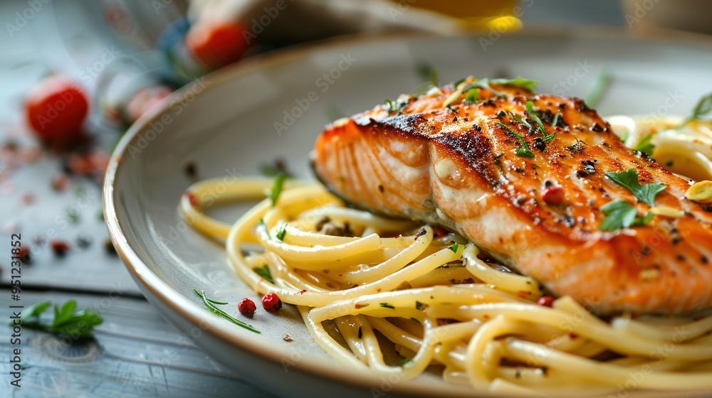 Fototapeta premium Cooked Pasta in a Bowl with Herbs and Spices: A Plate of Pasta Topped with Seasoned Salmon