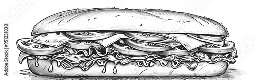 The sandwich with black and white color art on white paper in the background