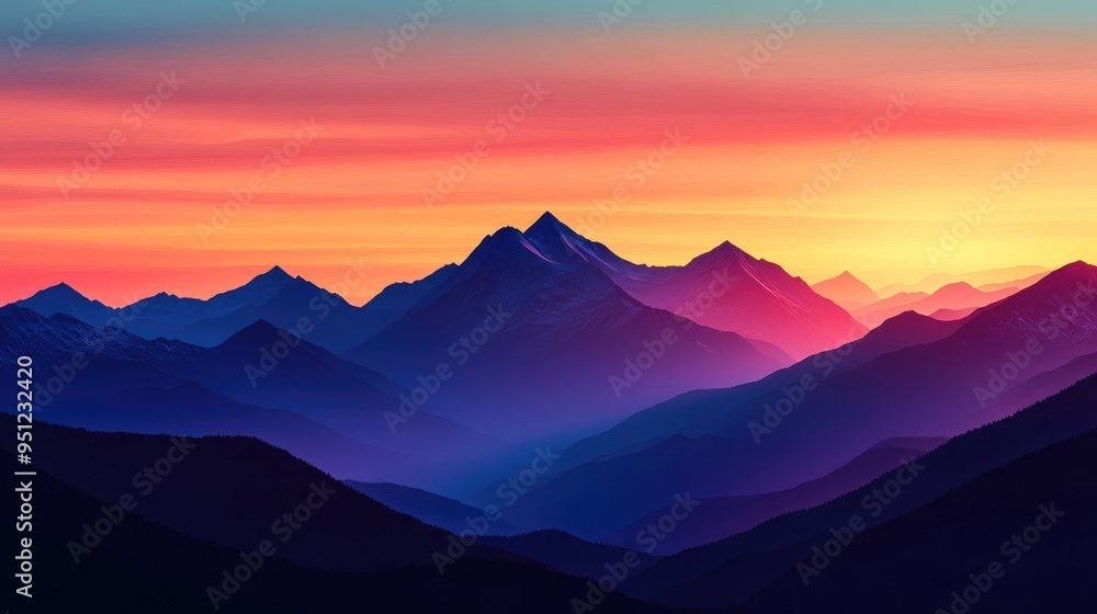 Fototapeta premium A mountain range silhouetted against a colorful sunset, providing a striking background with ample space for text.