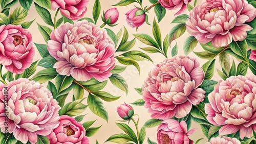 Fototapeta Naklejka Na Ścianę i Meble -  Vintage hyper realistic of pink peonies with leaves seamless pattern, peonies, pink, vintage, hyper realistic,seamless