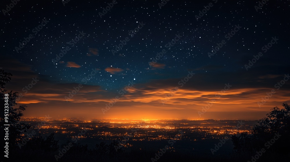 Fototapeta premium A night sky with clouds reflecting the distant lights of a city, creating a soft, glowing effect in the dark sky.