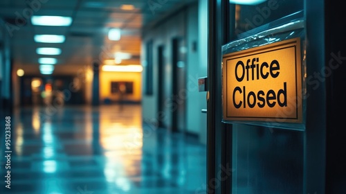 A "Office Closed" note on the entrance door with no activity visible inside, highlighting a temporary pause in operations. Clear space for copy.