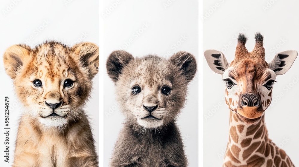 Three Baby Animals: Lion Cub, Lion Cub, and Giraffe Three Baby Animals: Lion Cub, Lion Cub, and Giraffe