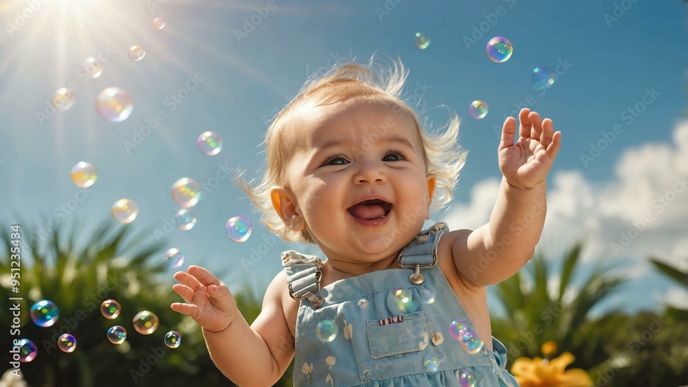 a happy baby reaching for floating bubbles a happy baby reaching for floating bubbles