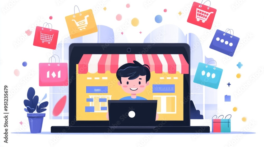 Fototapeta premium Smiling Character Using Laptop with Digital Shopping Mall Interface