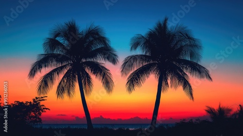 A pair of palm trees outlined against a tropical sunset, with the sky transitioning from orange to deep blue.