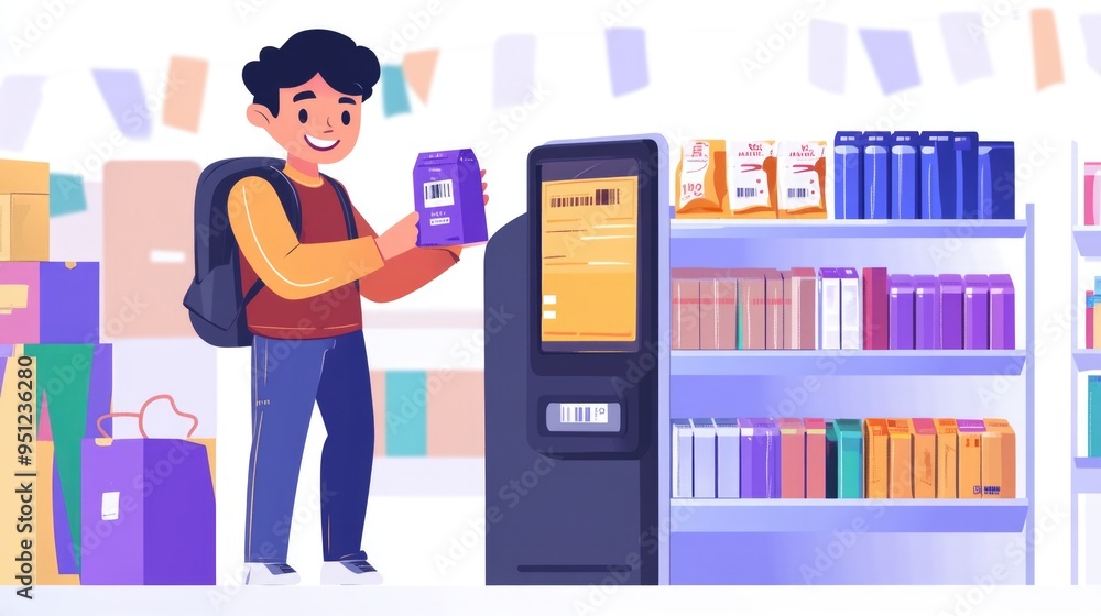 Character Standing Next to Giant Barcode Scanner and Scanning Product Character Standing Next to Giant Barcode Scanner and Scanning Product