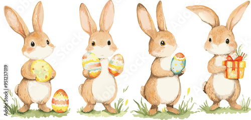 A charming watercolor illustration featuring a cute bunny surrounded by colorful eggs and festive presents, perfect for celebrating the joy and spirit of Easter.