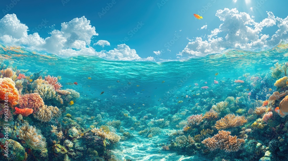 A panoramic coral reef scene with clear waters and a variety of marine species swimming among the coral, perfect for ocean themed designs with space for text. A panoramic coral reef scene with clear waters and a variety of marine species swimming among the coral, perfect for ocean themed designs with space for text.