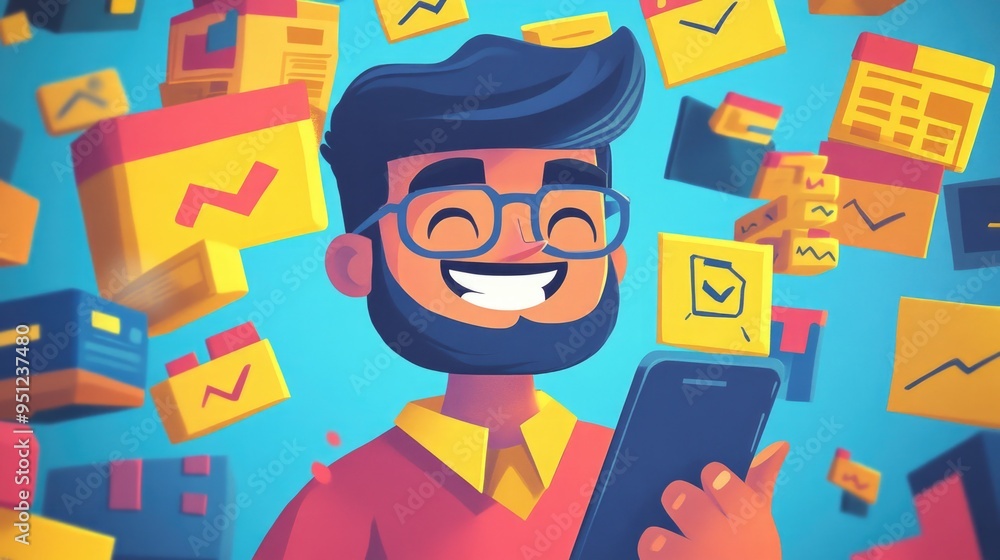 Smiling Character Surrounded by Digital Product Reviews and Ratings with Smartphone Smiling Character Surrounded by Digital Product Reviews and Ratings with Smartphone