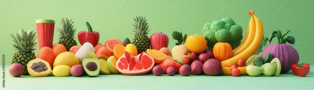 A colorful array of fresh fruits and vegetables displayed against a vibrant green background, perfect for healthy living themes. A colorful array of fresh fruits and vegetables displayed against a vibrant green background, perfect for healthy living themes.