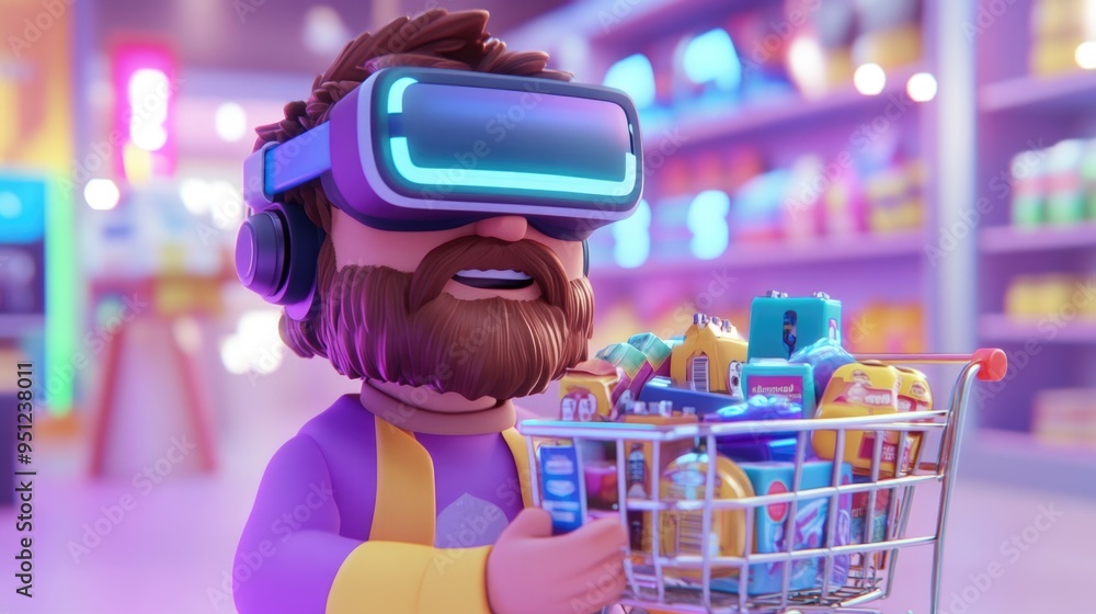 Character Holding Virtual Reality Headset with Shopping Cart Full of 3D Items Character Holding Virtual Reality Headset with Shopping Cart Full of 3D Items