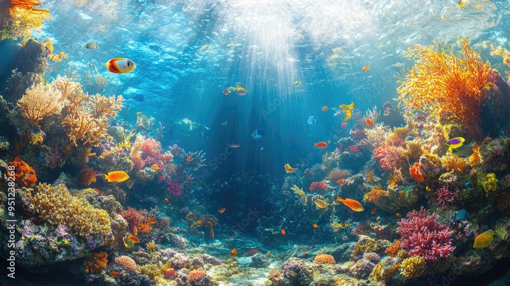 Obraz premium A panoramic view of a bustling underwater reef, with various species of fish, seaweed, and coral creating a lively and colorful environment.