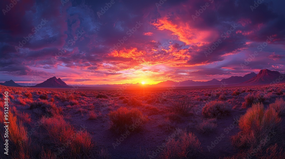 A panoramic view of a desert sunset, with the sky painted in rich hues of orange, pink, and purple as the sun dips below the horizon. A panoramic view of a desert sunset, with the sky painted in rich hues of orange, pink, and purple as the sun dips below the horizon.
