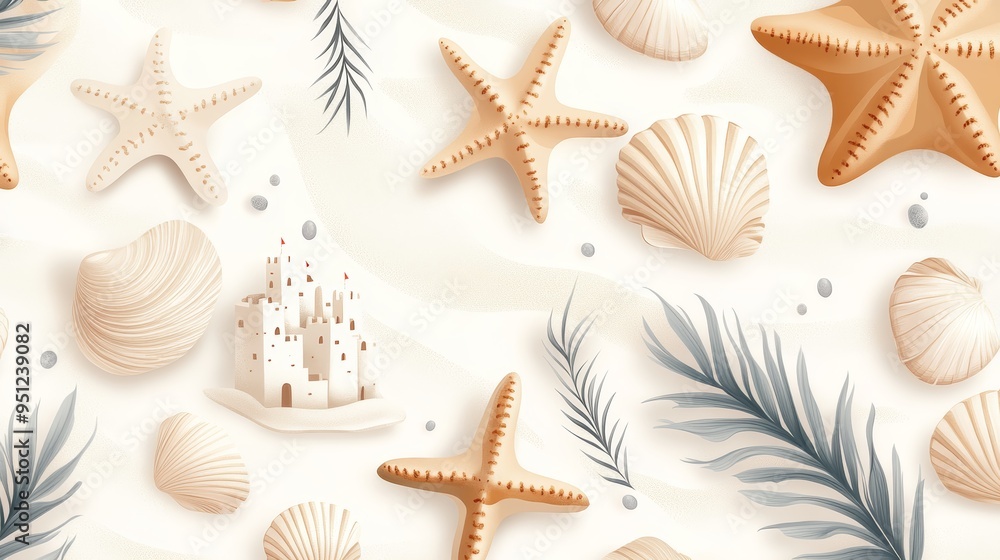 Summer Beach Background with Seashells Starfish Palm Leaves and Sandcastle Summer Beach Background with Seashells Starfish Palm Leaves and Sandcastle