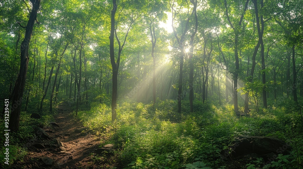 Obraz premium A panoramic view of a forest with dense, green foliage and sunlight filtering through the trees, creating a serene and refreshing natural backdrop.