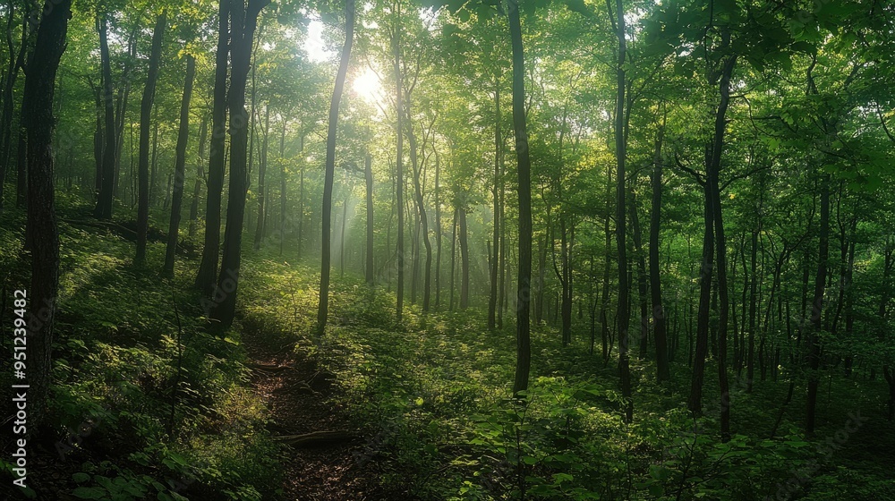 A panoramic view of a forest with dense, green foliage and sunlight filtering through the trees, creating a serene and refreshing natural backdrop. A panoramic view of a forest with dense, green foliage and sunlight filtering through the trees, creating a serene and refreshing natural backdrop.