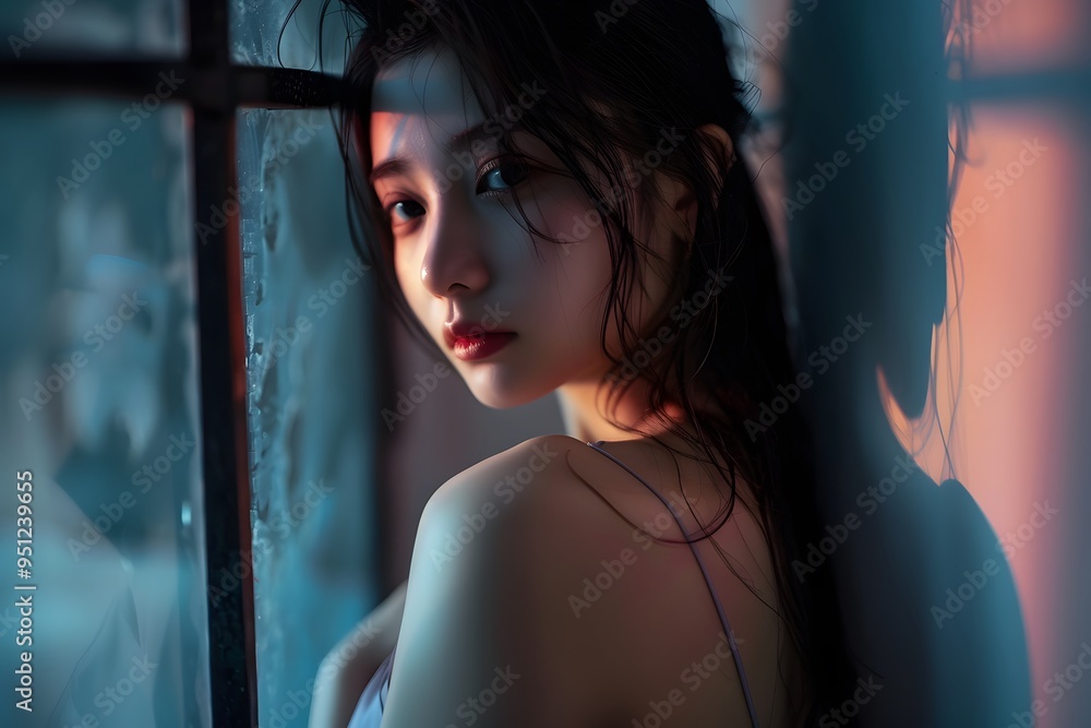 A woman standing next to a window in a room A woman standing next to a window in a room
