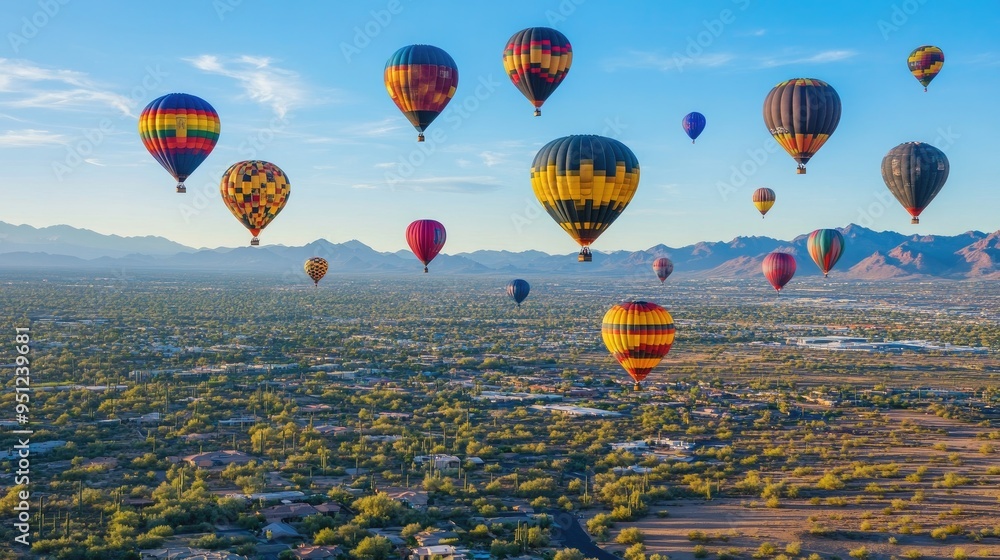 Obraz premium A collection of colorful hot air balloons in flight over Phoenix, Arizona, capturing the beauty of the desert sky.