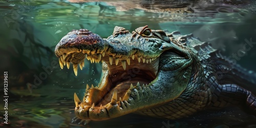 Large Reptile Displaying its Open Mouth with Sharp Teeth and Deep Throat photo