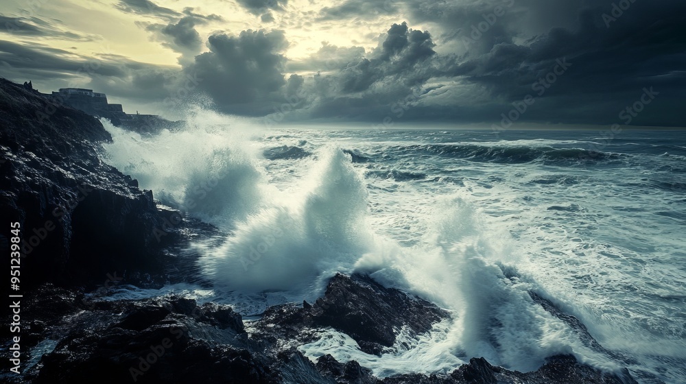 Dramatic Ocean Waves Crashing on Rocks with High Contrast Skies | 16:9 Aspect Ratio Dramatic Ocean Waves Crashing on Rocks with High Contrast Skies | 16:9 Aspect Ratio
