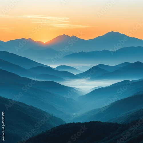 A panoramic view of a mountain range at sunrise, with layers of mist and soft lighting, providing a breathtaking landscape with ample copy stylize 250