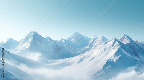 A panoramic view of a mountain range covered in snow, with a clear sky above, perfect for winter sports promotions.