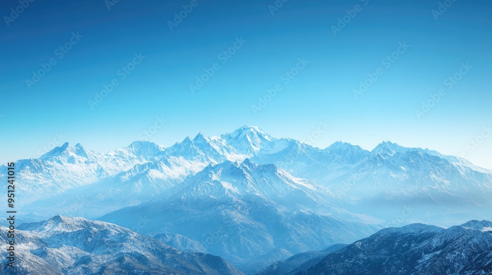 Obraz premium A panoramic view of a snow capped mountain range under a clear blue sky, perfect for themes of adventure and inspiration with ample copy space.