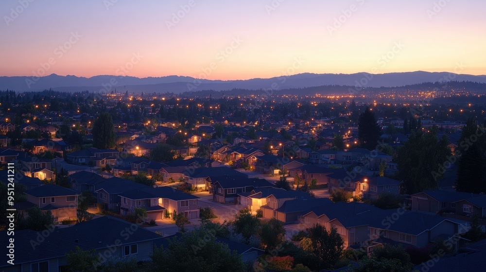 Obraz premium A panoramic view of a suburban neighborhood at dusk, with houses glowing softly in the evening light and the sky transitioning to night, providing ample copy space.