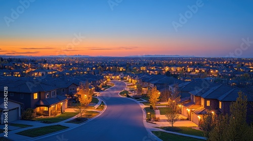 A panoramic view of a suburban neighborhood at dusk, with houses glowing softly in the evening light and the sky transitioning to night, providing ample copy space.