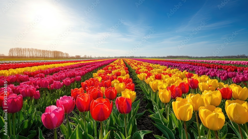 A panoramic view of a tulip field in full bloom, with rows of brightly colored flowers stretching out to the horizon. A panoramic view of a tulip field in full bloom, with rows of brightly colored flowers stretching out to the horizon.
