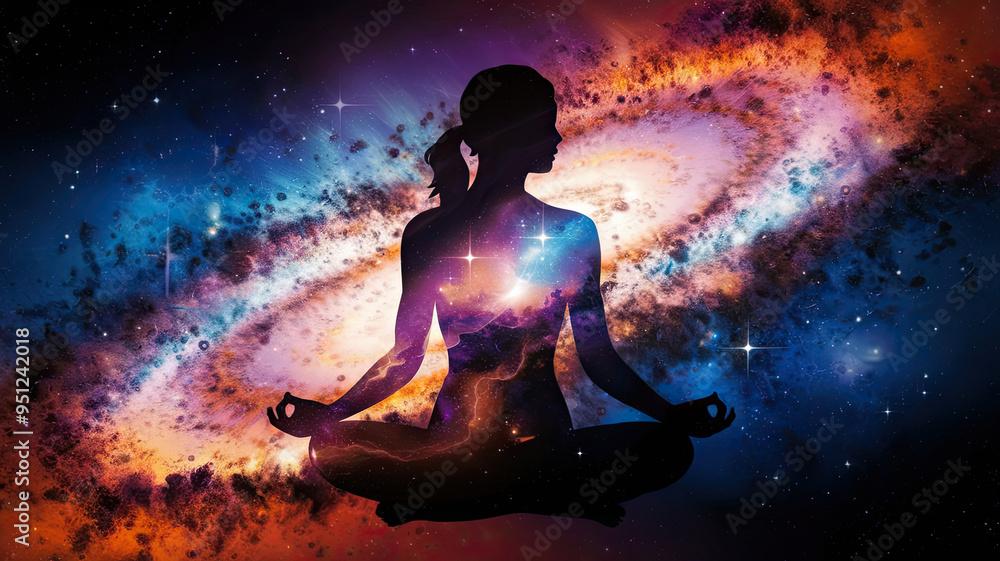 Silhouette of a Woman Seated in Meditative Pose Against Cosmic Backdrop, Vibrant Swirling Galaxy Filled with Stars and Cosmic Energy, Spiritual Universe Scene Silhouette of a Woman Seated in Meditative Pose Against Cosmic Backdrop, Vibrant Swirling Galaxy Filled with Stars and Cosmic Energy, Spiritual Universe Scene