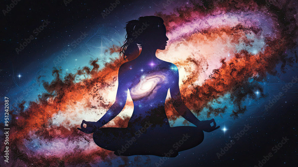 Obraz premium Silhouette of a Woman Seated in Meditative Pose Against Cosmic Backdrop, Vibrant Swirling Galaxy Filled with Stars and Cosmic Energy, Spiritual Universe Scene