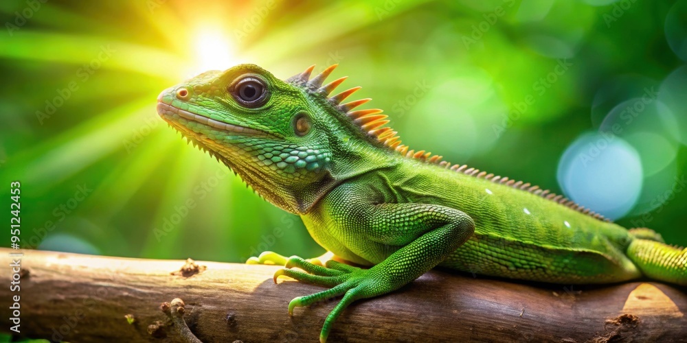 Fototapeta premium Green crested lizard basking on branch in the sun , reptile, wildlife, nature, camouflage, tropical, exotic, scales