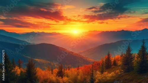 A panoramic view of the sun rising behind a mountain range, with the landscape bathed in golden light and the sky filled with vibrant colors.