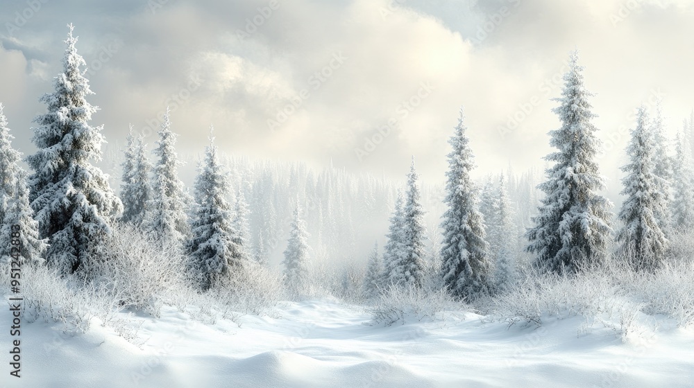 Fototapeta premium A panoramic winter landscape with snow laden trees and a soft, overcast sky, showcasing the tranquil beauty of the season with space for messaging.