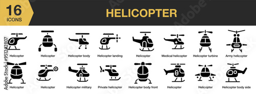 Helicopter solid icon set. Includes type of helicopter icons and More. Solid icons vector collection.