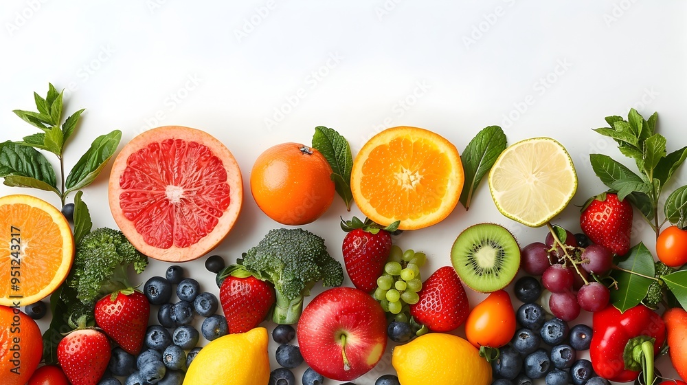 Arranged Fresh Fruits and Veggies on Clean White Background Arranged Fresh Fruits and Veggies on Clean White Background