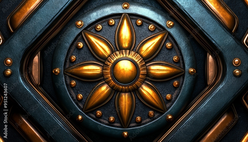 Obraz premium Ornate Gold Flower Detail on a Dark Blue Metallic Surface