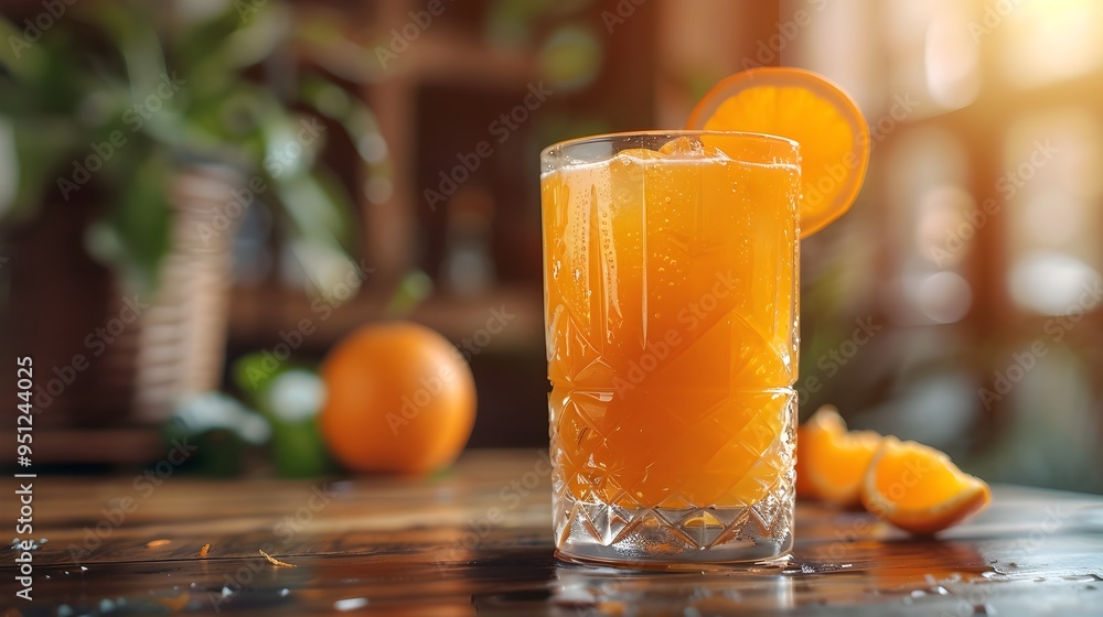 Freshly Squeezed Orange Juice in Transparent Glass with Blurred Background for Text
