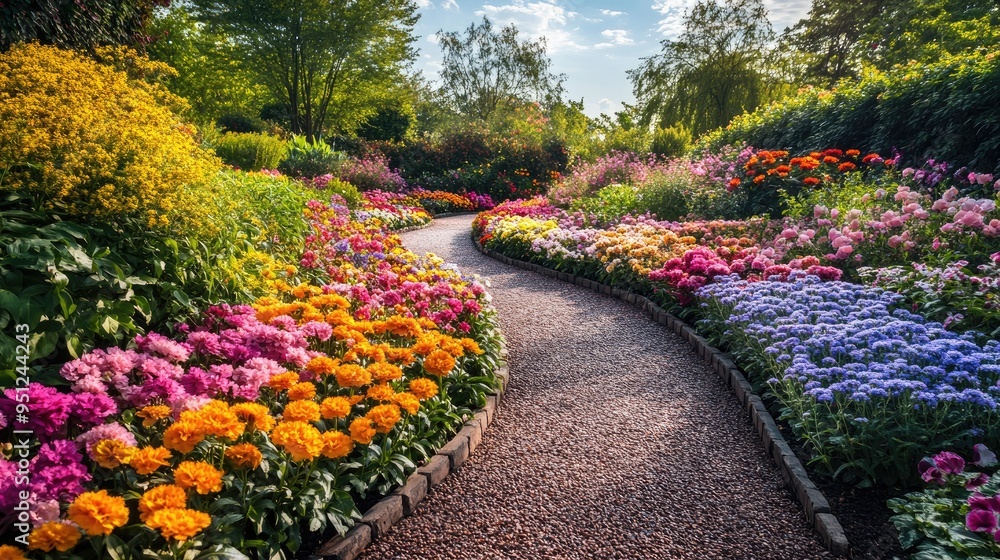 Obraz premium A pathway winding through a flower garden, with a variety of blooming flowers creating a colorful, inviting scene.
