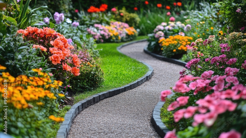 A pathway winding through a flower garden, with a variety of blooming flowers creating a colorful, inviting scene. A pathway winding through a flower garden, with a variety of blooming flowers creating a colorful, inviting scene.