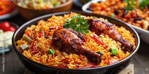 Authentic jollof rice, fried rice, moi moi, and chicken served at a gathering.