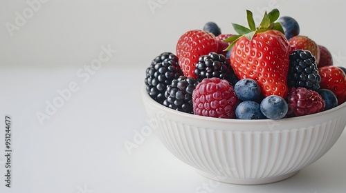 Assorted Fresh Berries in Bowl on White Background with Copy Space