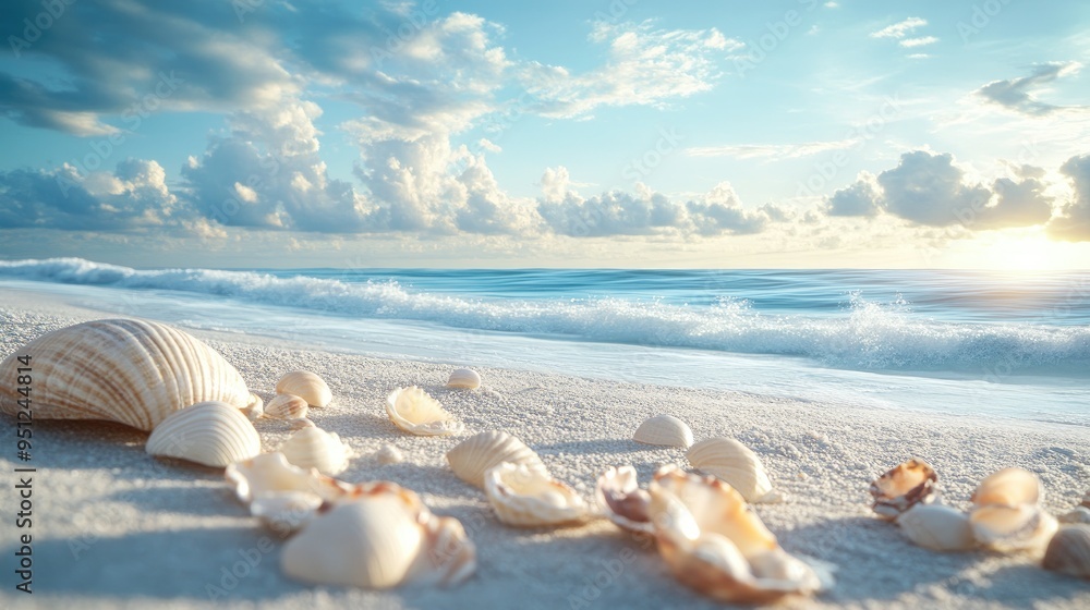 A peaceful beach scene with seashells scattered along the shore, perfect for relaxation themed material. Spacious scene with room for text. A peaceful beach scene with seashells scattered along the shore, perfect for relaxation themed material. Spacious scene with room for text.