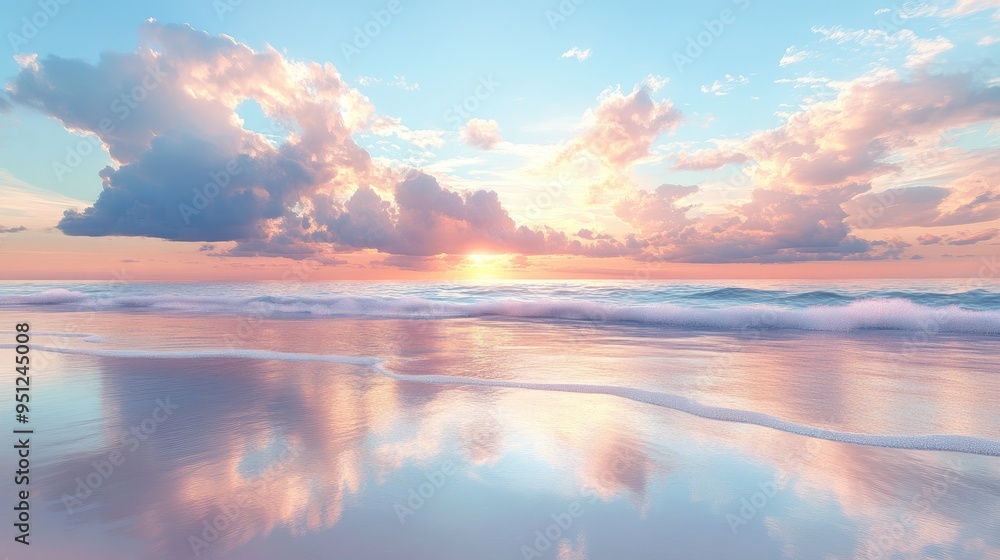 Fototapeta premium A peaceful beach scene with the horizon line blending into the sky, where clouds are painted in pastel colors by the setting sun.