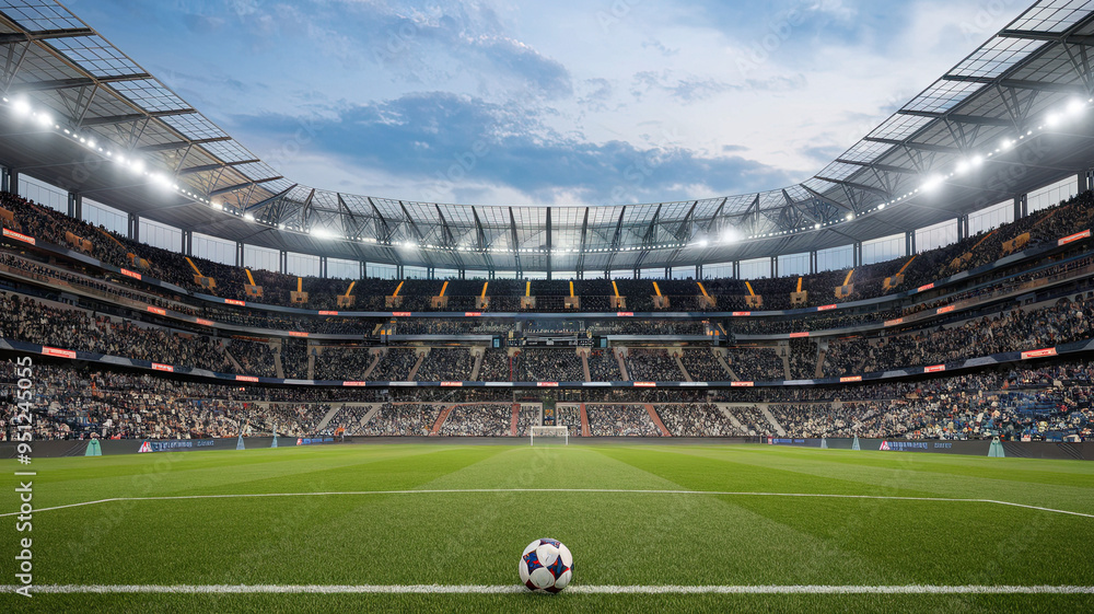 Obraz premium Soccer Stadium with Soccer Ball Placed on Green Field, Stadium Seating and Field in View, Soccer Game Setting, Outdoor Sports Arena, Soccer Pitch with Ball, Sports Venue