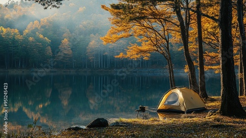 A peaceful campsite by a lake, with a tent set up near the water's edge and the reflection of the trees in the still water. photo